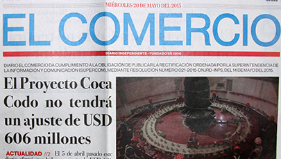 Diario El Comercio rectifica información difundida sobre la Hidroeléctrica Coca Codo Sinclair