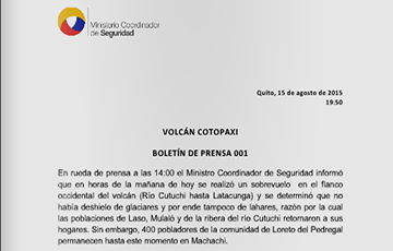VOLCÁN COTOPAXI BOLETÍN DE PRENSA 001