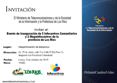 MINTEL inaugurará 5 Infocentros: La Unión, Barreiro, Pimocha, Venus, Ventanas y 2 MegaInfocentros en Babahoyo y Quevedo