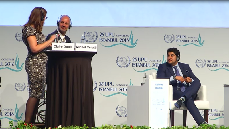 Viceministro de Tecnologías de la Información y Comunicación, Ing. Adrián Ibarra, durante su presentación en el Vigésimo Sexto Congreso Postal Universal