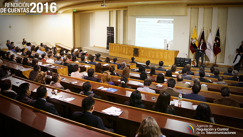 La Directora Ejecutiva de la ARCOTEL, Ing. Ana Proaño, durante la Rendición de Cuentas correspondiente al año 2016.