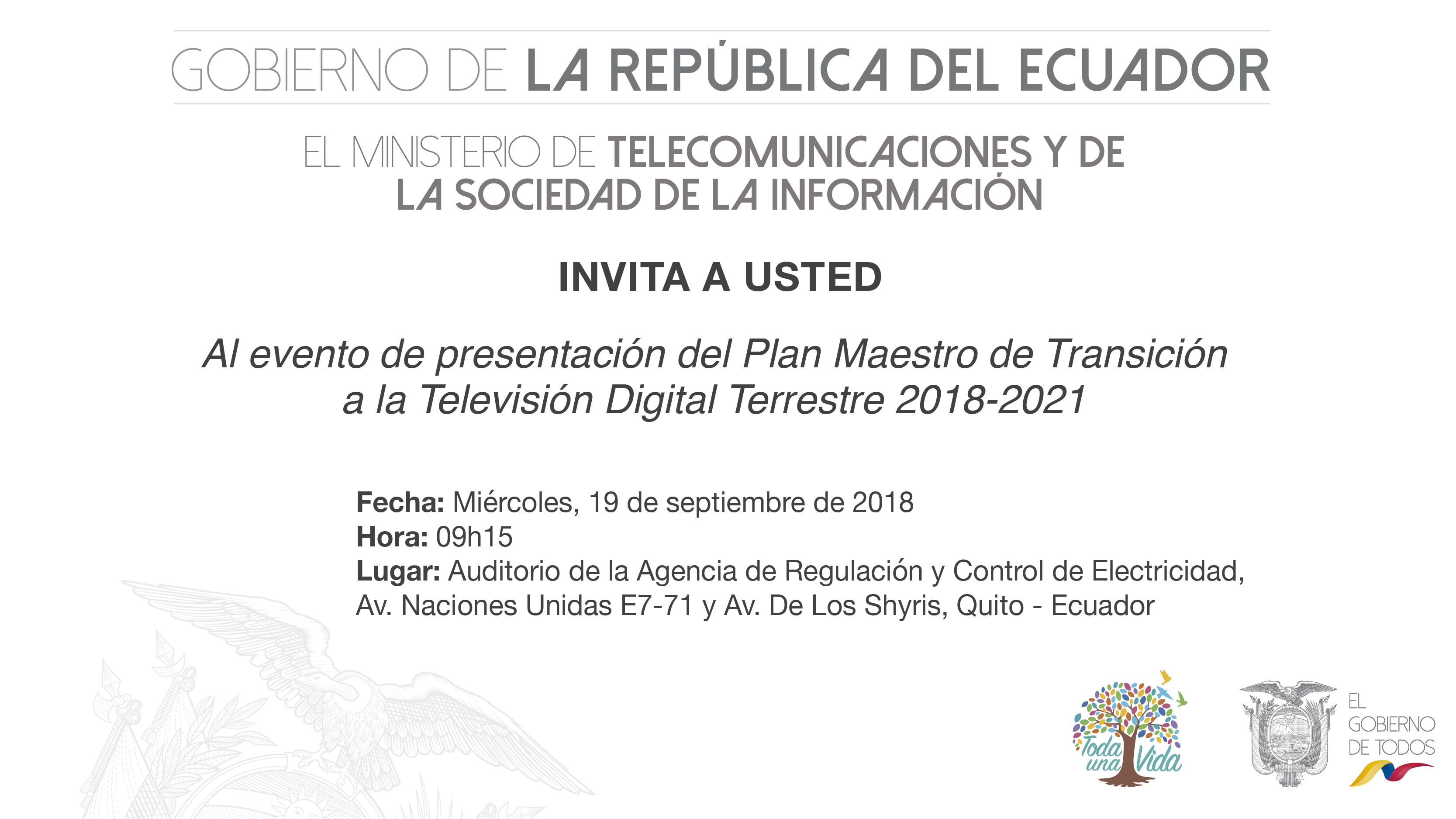 Invitación “Plan Maestro de Transición a la Televisión Digital Terrestre 2018 – 2021”