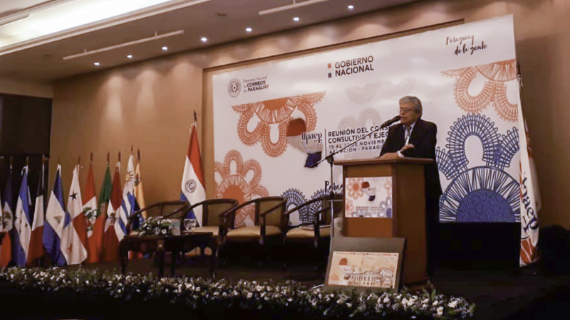 Subsecretario de Asuntos Postales y Registro Civil, del MINTEL, Ing. Mauricio Andrade, durante su intervención en la reunión anual del Consejo Consultivo Ejecutivo de la UPAEP